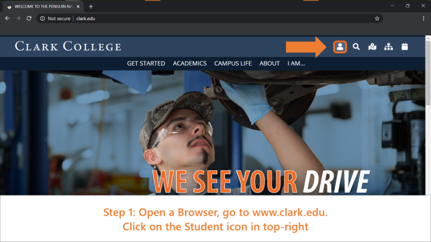 Clark Homepage, highlighting 'Student Resources' icon in top nav.