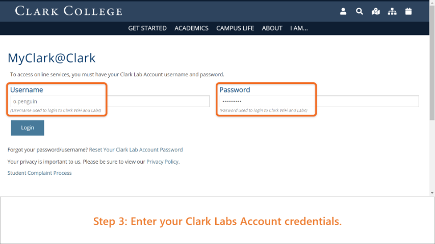 MyClark@Clark login page highlighting Username and Password inputs.