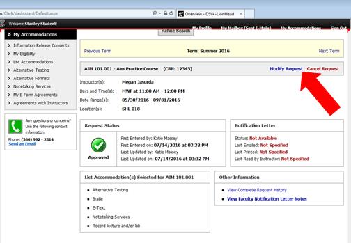 On the "My Dashboard" Overview page an arrow is pointing to a "Modify Request" link for the Class AIM 101.001.