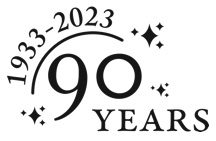 Logo with the words '1933-2023, 90 years' written in the center, with twinkling stars surrounding the logo