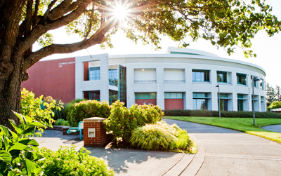 Blooming cherry tree and Cannell Library