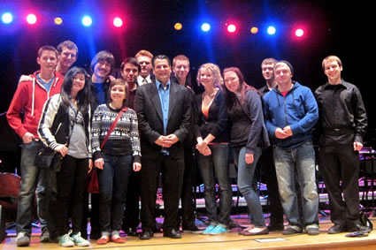 Bassist John Patitucci congratulates the Clark College Jazz Ensemble for their outstanding performance at the UNC/Greeley Jazz Festival. 