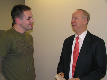 After the forum, Gergen spoke to student Aaron Hahn, who served on the aircraft carrier U.S.S. Abraham Lincoln. 