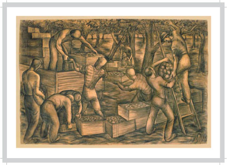 Ruth Patterson Hart charcoal, The Apple Pickers,   of workers in an orchard